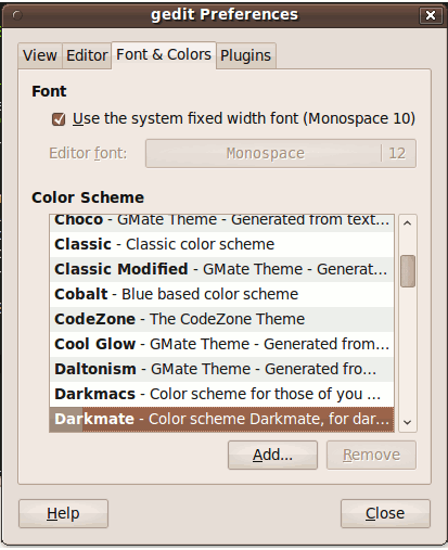 Gedit Preference - Font & Colors